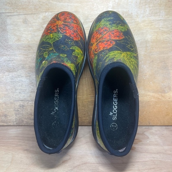 Sloggers WATERPROOF Womens Size 8 Rain Garden Clogs Flower Print Black Green Red - Picture 6 of 8